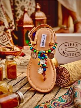 Steve Madden Cheerful Beaded Coin T-Strap Sandal with Multicolor Beads